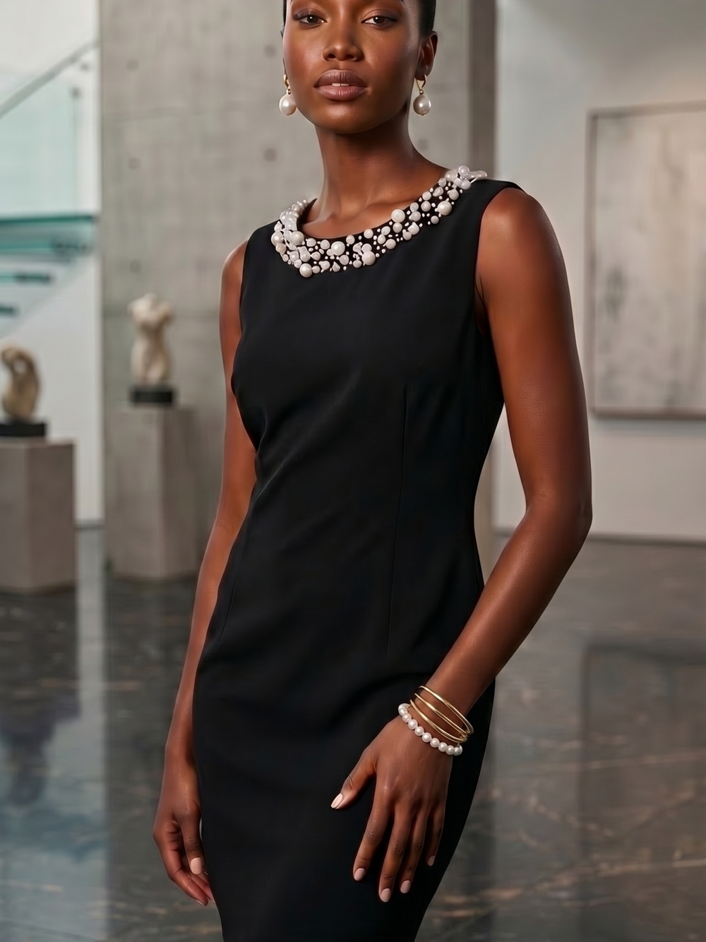 Calvin Klein Black Dress with Pearl and Crystal Neckline Size 12